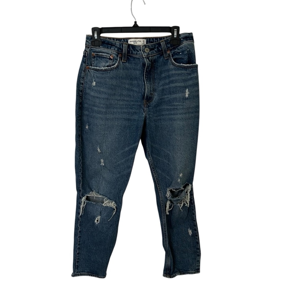 Abercrombie & Fitch Women’s Dark Blue Denim Distressed Mom High Rise Jeans